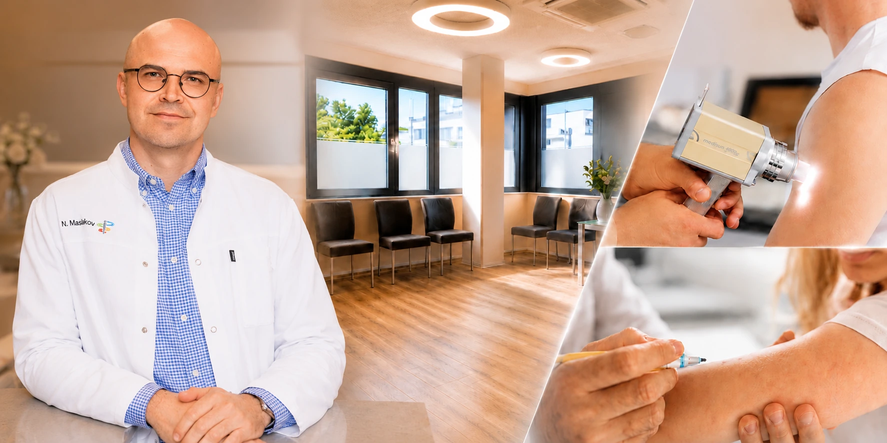 Hautarzt Nikita Maslakov in seiner Praxis und bei dermatologischen Behandlungen